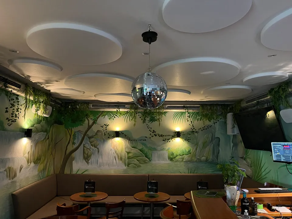 Bar mit runden Akustikelementen an der Decke, Discokugel und Sitzbank vor einem Dschungel-Wandbild