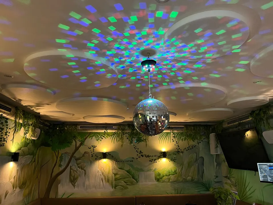 Lichtpunkte der Discokugel auf den runden Akustikelementen an der Decke