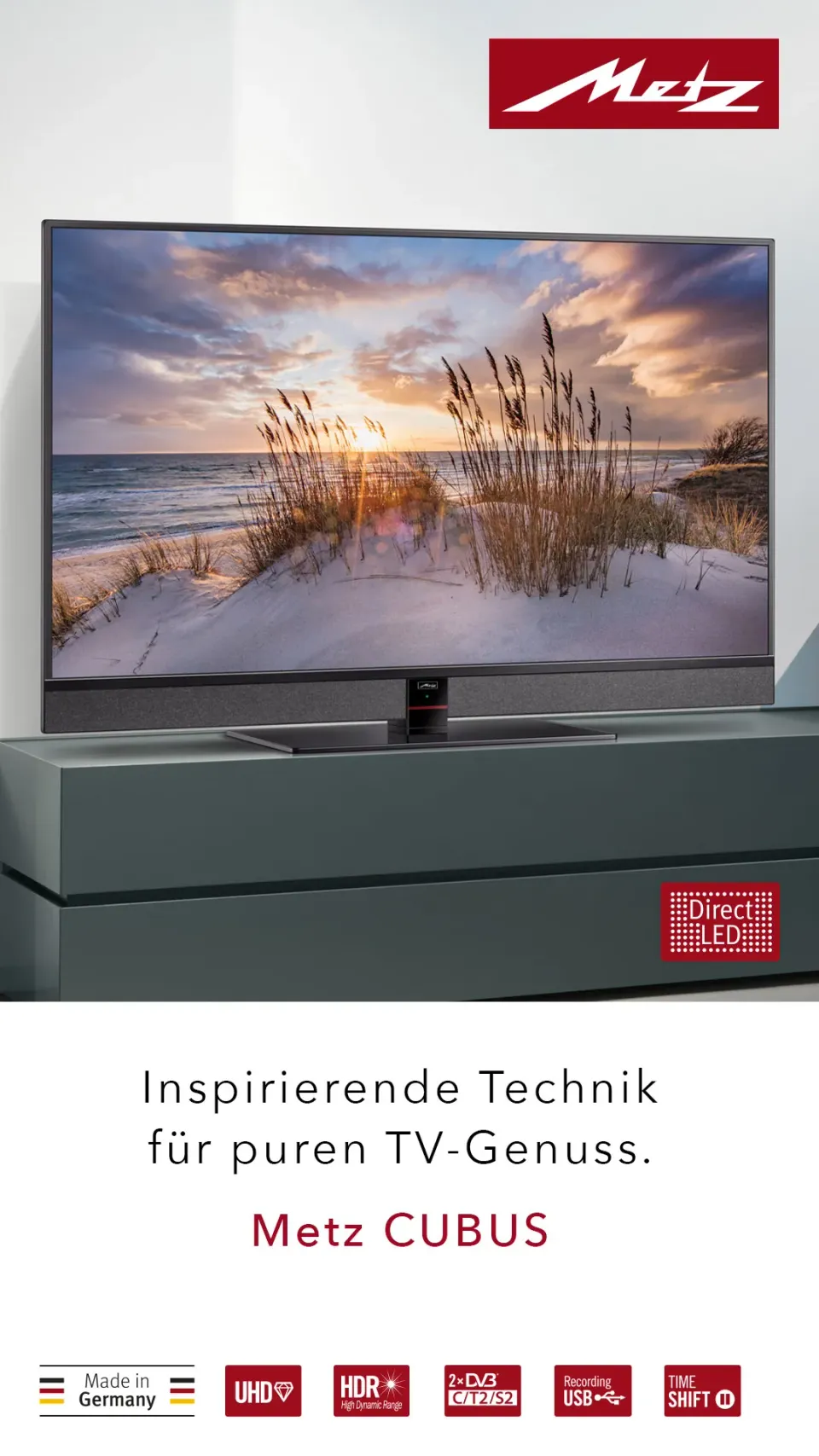Metz-Fernseher CUBUS auf einem Lowboard