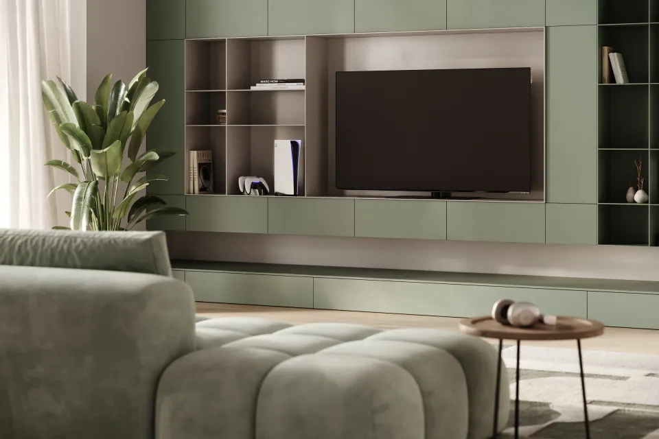OLED-Fernseher We. SEE oled dc von Loewe an einer grünen Wohnwand