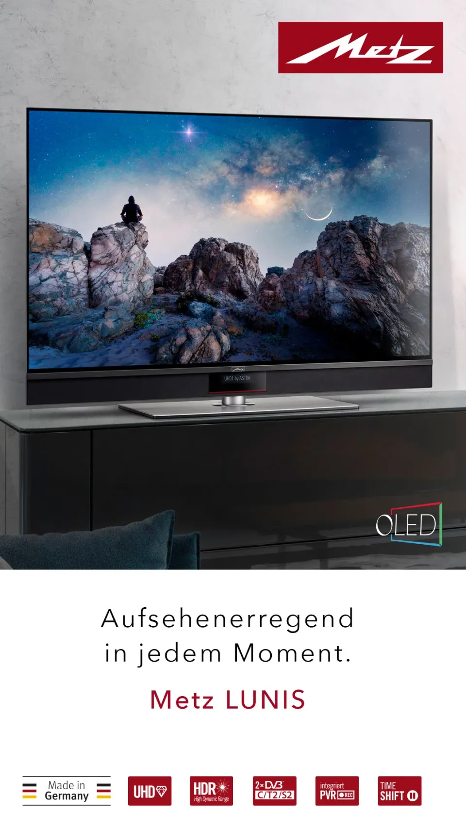 Metz-OLED-Fernseher LUNIS auf einem Sideboard