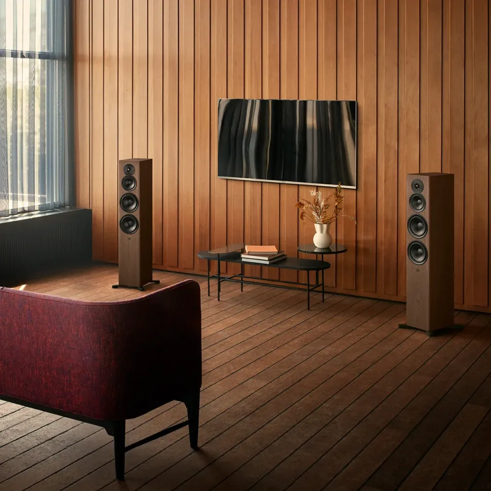 Wohnraum mit Holzwand, Fernseher und Standlautsprechern