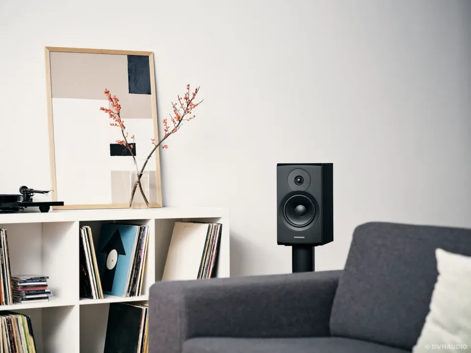 Schwarzer Regallautsprecher neben Sofa und Plattenregal