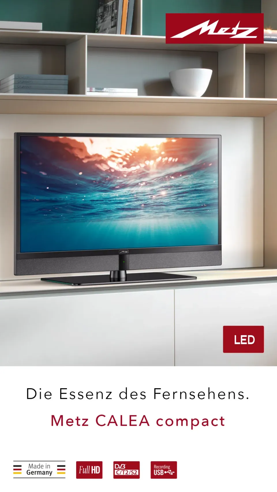 Metz-Fernseher CALEA compact in einem Wohnregal